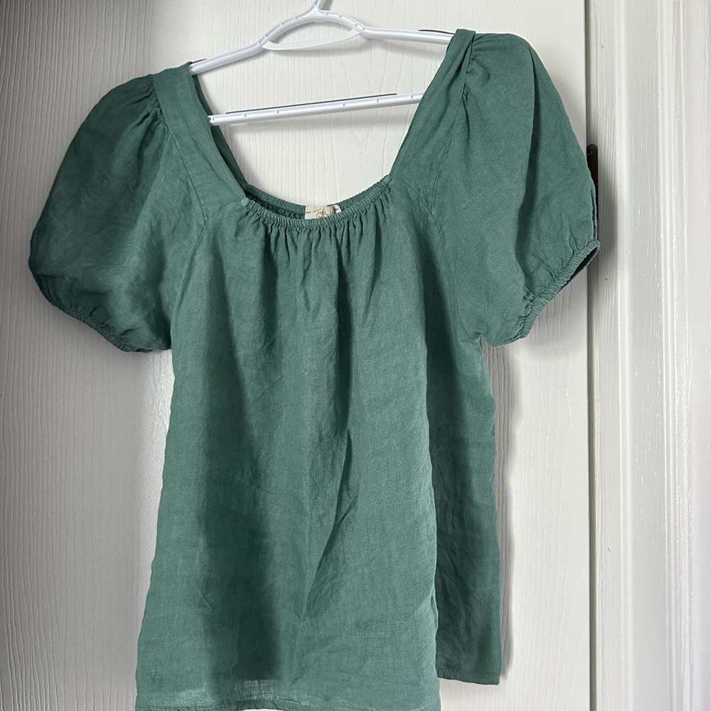 Bellambra Green Blue Teal 100% Linen Top Made in Italy Square Neck Size Medium